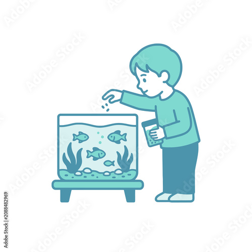 Professional of a Child Feeding Colorful Fish in a Home Aquarium with Gravel and Plants with high quality professional line art symbols for modern creative design and digital branding projects