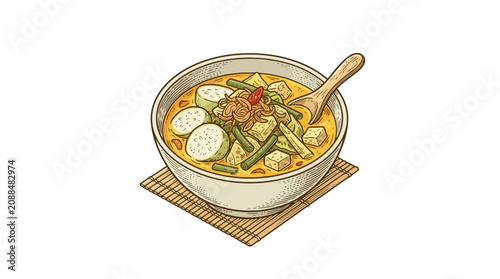 Professional of a Steaming Asian Noodle Soup Bowl with Vegetables and Tofu on a Bamboo Mat with high quality professional line art symbols for modern creative design and digital branding projects