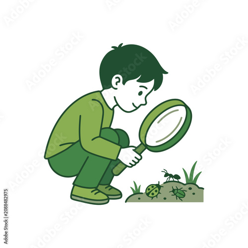 Professional of a Child Using a Magnifying Glass to Inspect Insects in Nature Green Themed with high quality professional line art symbols for modern creative design and digital branding projects