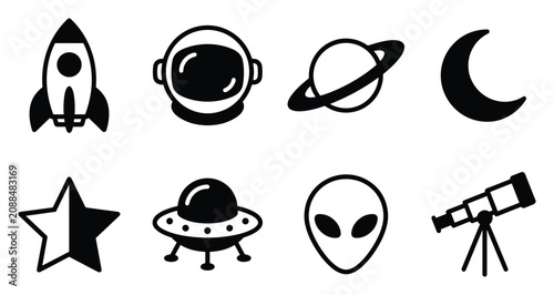 Space exploration vector icon set featuring rocket astronaut helmet planet crescent moon star UFO alien head and telescope flat black glyph symbols isolated on white background