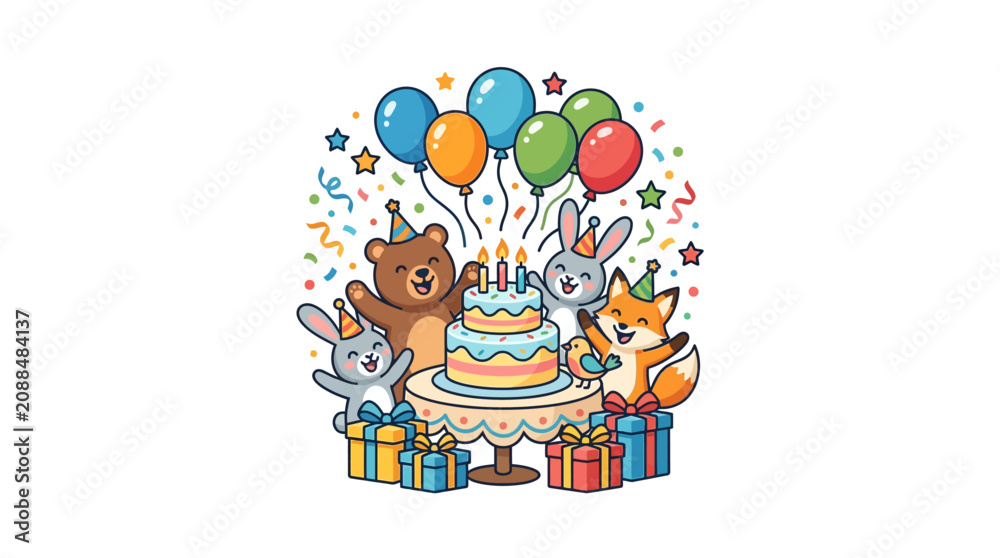 Fototapeta premium Celebration Event with Happy Animals at Birthday Party, Colorful Decorations, Playful Illustration Style, Festive Atmosphere