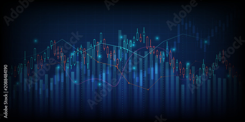 Technology financial graph with uptrend bar chart of stock market on blue color background