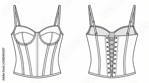 Corset Top Front And Back View Technical Apparel Vector Template