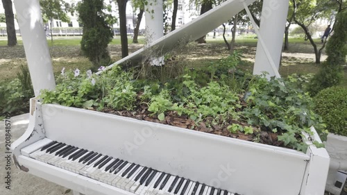 An old white grand piano serves as a decorative flowerbed with green plants inside. A white bench and stone columns stand nearby in the park.