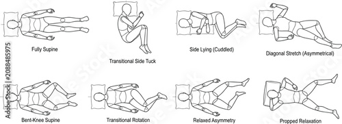 Tableau sur toile Collection of eight line drawings of human sleeping positions including supine,