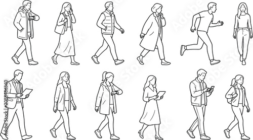 Collection of line drawings of people in casual and semi‑formal walking and standing poses with gestures, devices, and accessories
