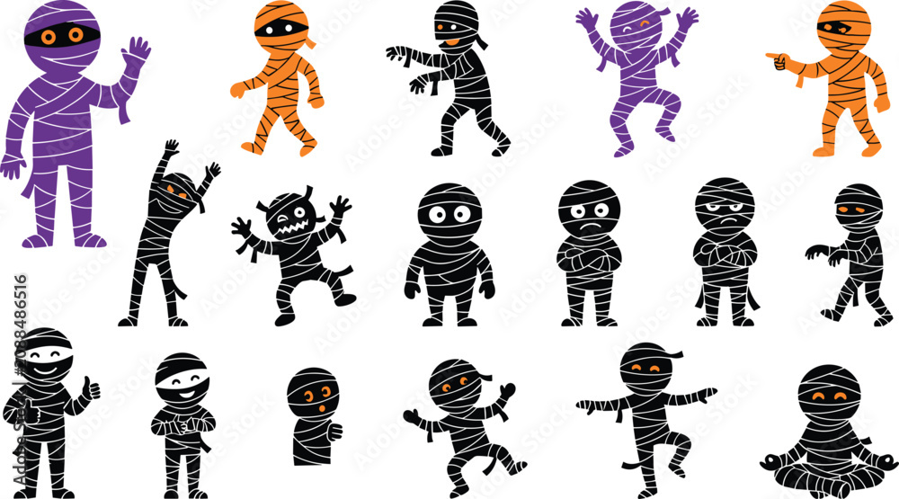 Naklejka premium Cute Halloween mummy character icon collection featuring adorable cartoon mummy poses and playful flat vector illustration set