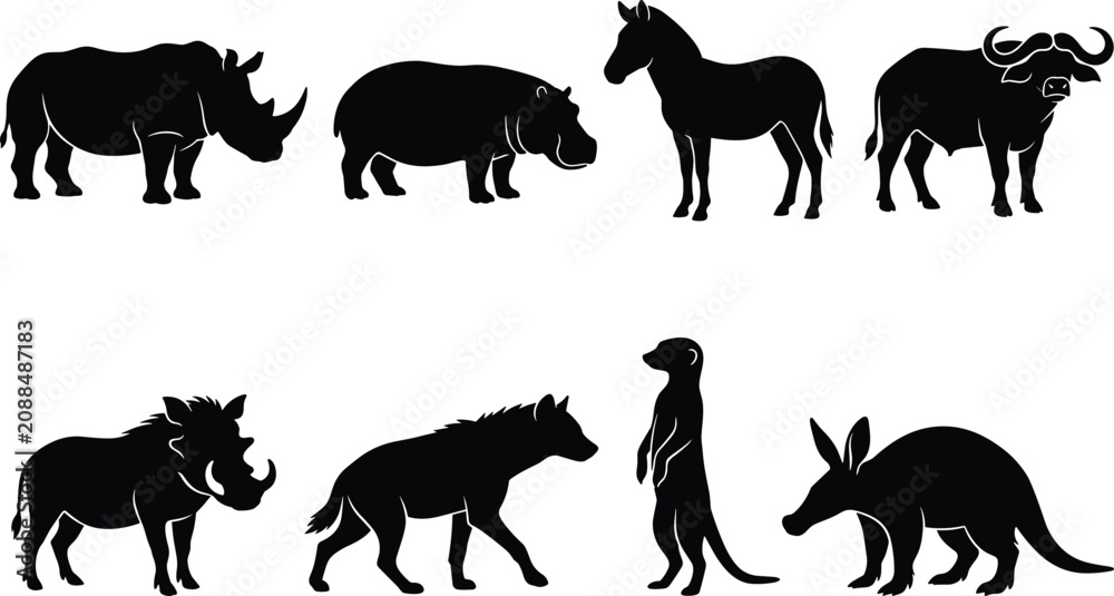 Obraz premium African Wildlife Animal Silhouette Set Featuring Safari Mammals and Exotic Fauna Collection