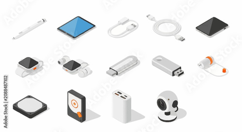 Photography Collection of modern electronic devices and accessories on white background