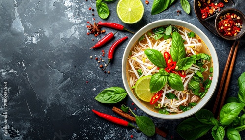 A bowl of Vietnamese pho filled with rice noodles, fresh herbs, and lime. Chili peppers and bean sprouts add flavor and crunch