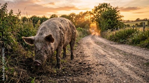 Large muddy pig foraging beside rural dirt road in countryside at golden sunset