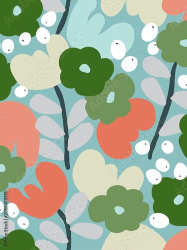 Seamless half-drop Scandinavian floral pattern with abstract flowers leaves berries and pastel botanical foliage for fabric wallpaper textile wrapping paper and surface design