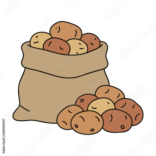 Simple line drawing of a burlap sack overflowing with fresh organic potatoes isolated on white background, farm to table food concept