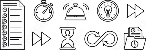 Time management and productivity schedule line icon set featuring deadline urgency and workflow optimization symbols