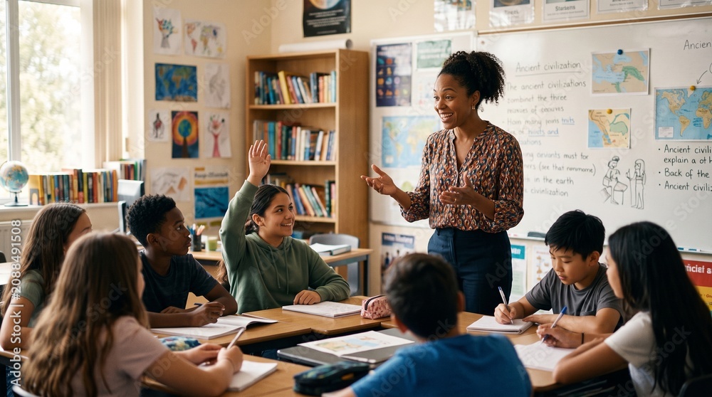 Obraz premium Diverse elementary school classroom with teacher engaging students during a history lesson about ancient civilizations