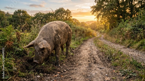 Large muddy pig foraging beside rural dirt road in countryside at golden sunset