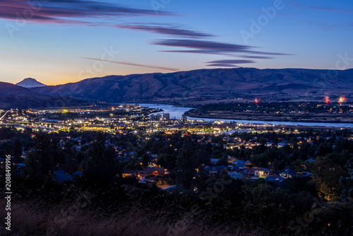 Wide view of The Dalles, Oregon, in twilight