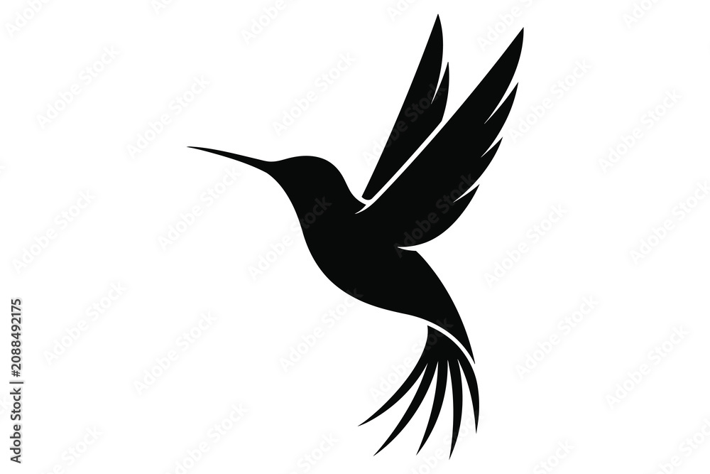 Fototapeta premium Black silhouette of hummingbird in flight with spread wings and long beak