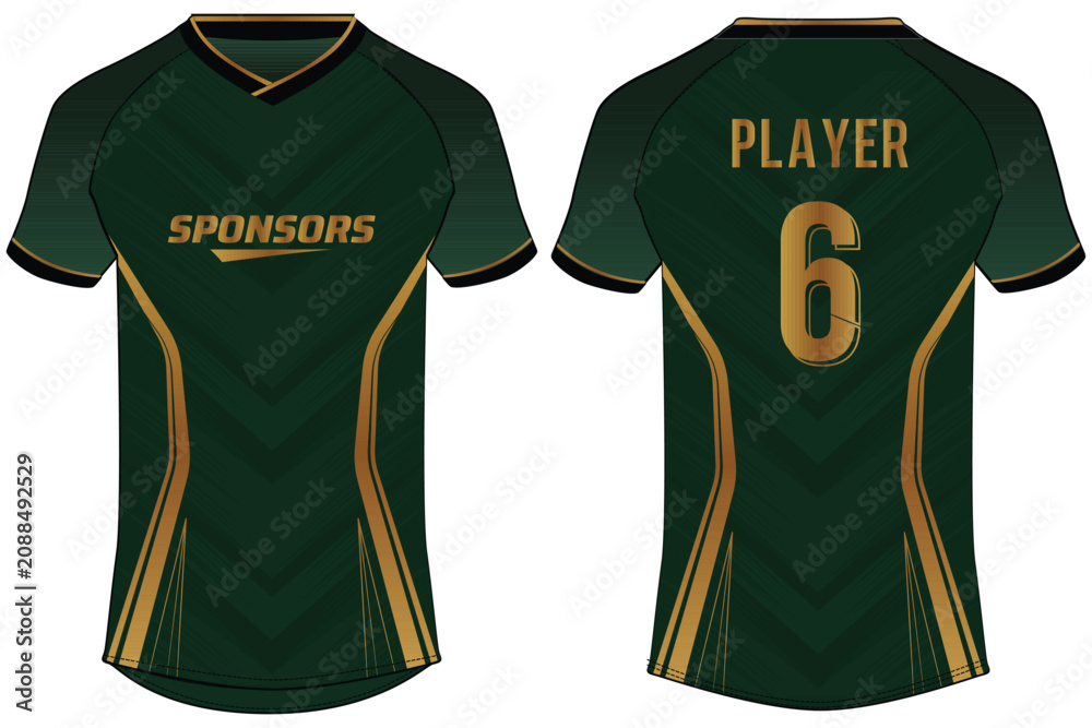 Fototapeta premium Green and Gold Sports t-shirt jersey design flat sketch illustration, chevron pattern v neck Football jersey concept with front and back view for Soccer, Cricket, Volleyball, Rugby uniform kit