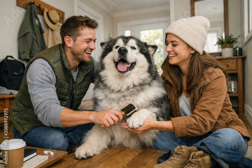 Smiling young couple brushing their fluffy Alaskan Malamute together at home, enjoying quality time, responsible pet care and lasting companionship