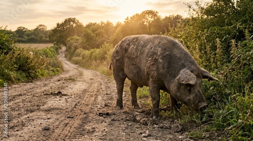 Large muddy pig foraging beside rural dirt road in countryside at golden sunset