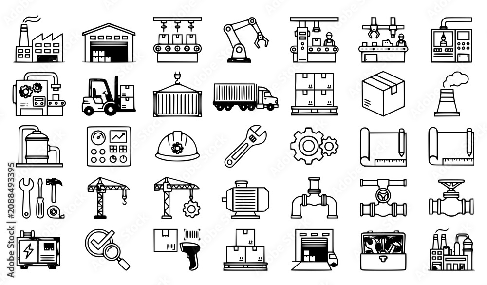 Fototapeta premium SEO Title: Factory Industrial Manufacturing Vector Icon Collection with Production Equipment Warehouse and Engineering Symbols