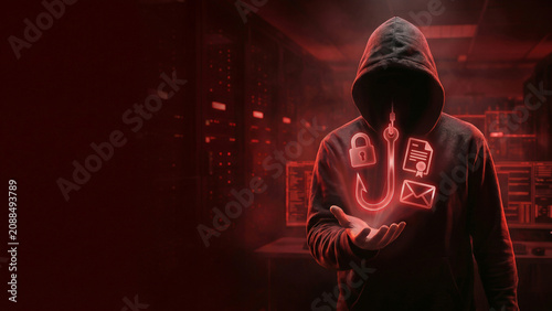 フードを被った人物の頭上で、赤く光るフィッシングフックと南京錠のアイコンがぎらぎらと浮かび上がっています。デジタルの闇に潜む脅威が、サイバーセキュリティ意識とデータ保護の重要性を強く印象づけています。