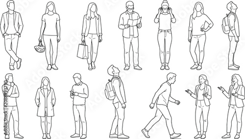 People Everyday Lifestyle Outline Collection with Standing Walking Reading and Casual Poses Vector Set