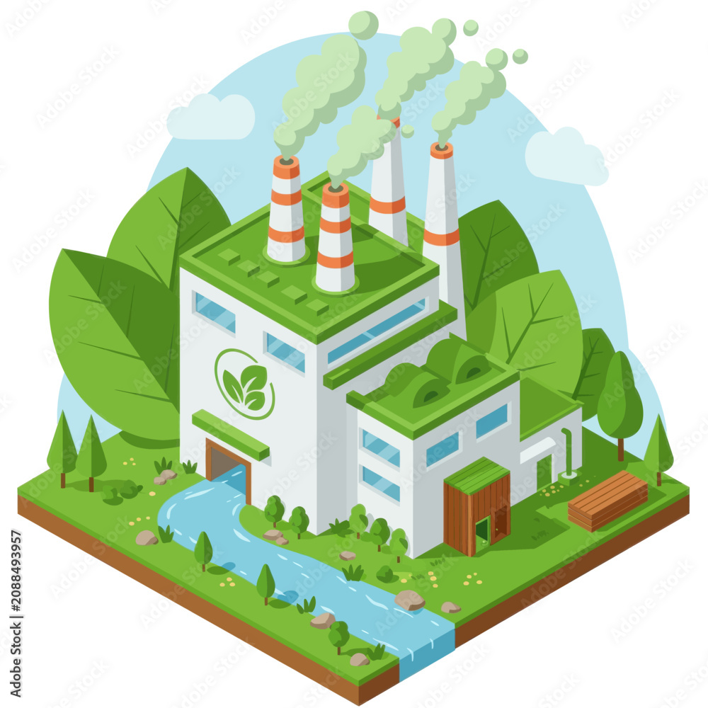 Fototapeta premium Isometric Green Sustainable Factory Illustration with Eco-Friendly Industrial Concept and Nature Elements