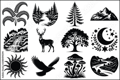 Nature Icons Set with Animals and Landscapes Combined Together