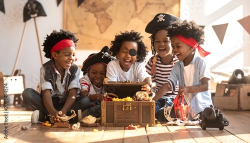 Joyful Diverse Children Playing with Treasure Chest in Sunlit Pirate Themed Room