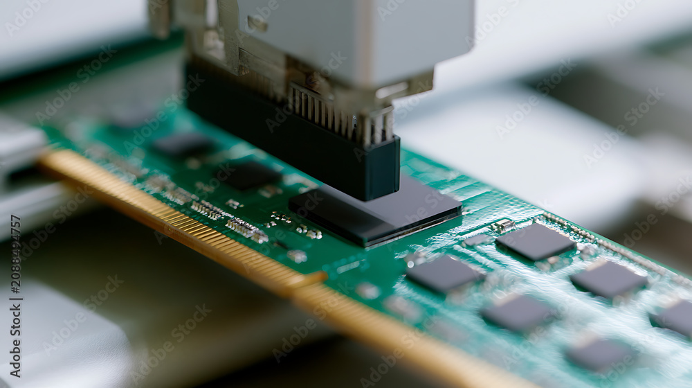 Fototapeta premium Precision Robotic Arm Placement of Electronic Component onto a Green Circuit Board for Advanced Technology Manufacturing Automation