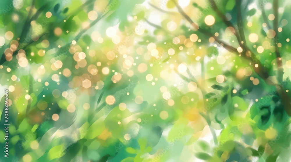 Fototapeta premium Beautiful abstract nature background showing bright sunlight filtering through lush green forest foliage with a soft bokeh effect and sparkling light particles.