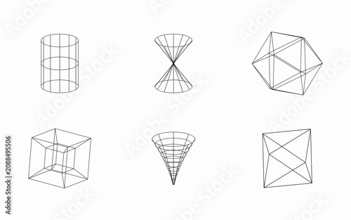 Collection of Wireframe Geometric 3D Shapes for Science and Technology Concepts