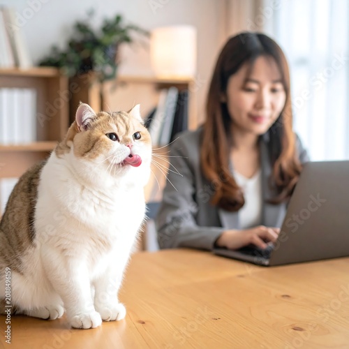 Curious White and Ginger Cat Sitting on Wooden Table in Cozy Home Office