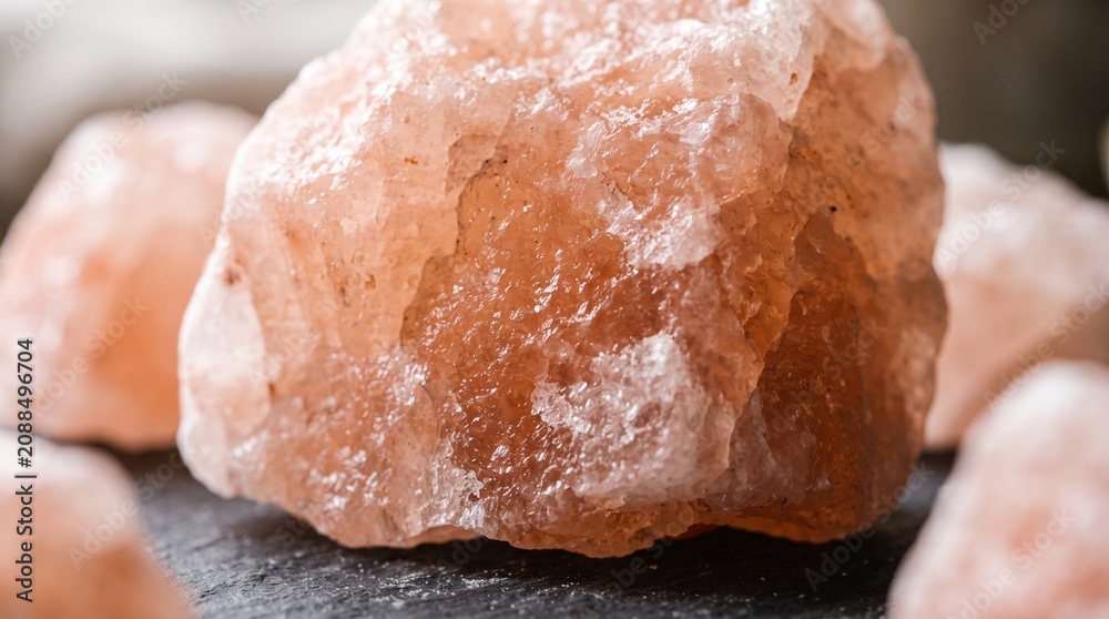 Obraz premium Himalayan salt rocks sit arranged on a dark stone surface to showcase their natural crystalline texture and warm pink hue.