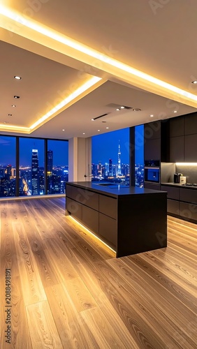 Modern Luxury Kitchen Interior Glowing at Night with Panoramic City Skyline View