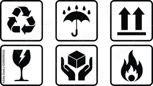 Foto Shipping Symbols Explained: A compilation of universal shipping and handling symbols, including recycling, protect from rain, fragile, handle with care, this way up, and flammable icons