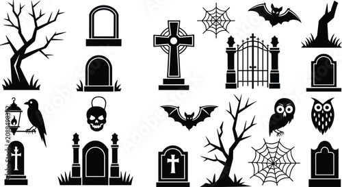 Εκτύπωση καμβά Halloween Icons Collection: A spooky assortment of black silhouettes featuring iconic Halloween imagery including gravestones, bats, spiders, trees, an owl, and a crow