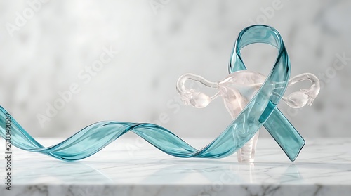 Ovarian Cancer Awareness Teal Ribbon and Female Reproductive Model