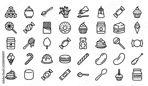 Cuadro en lienzo Sugarcane and natural sweetener linear icon pack | 30 outline sugar production i