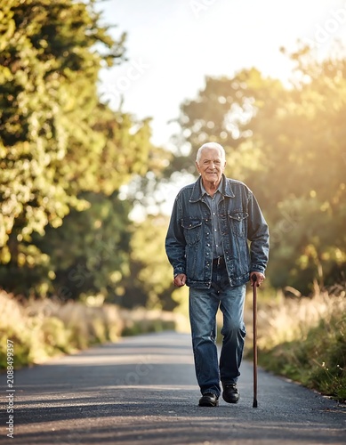 Smiling Elderly Man Walking with Cane on Sunlit Park Path