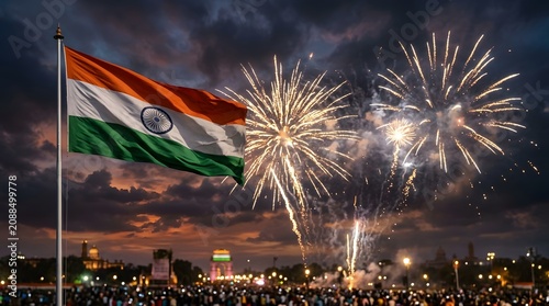 India independent day celebration vibrant fireworks and national flag display