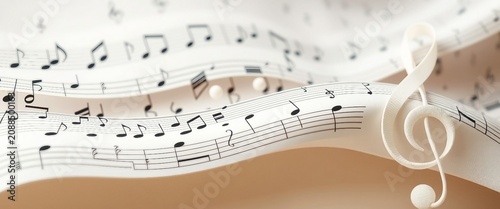 Elegant music-themed background with musical notes on staff lines, folded white paper shapes, soft shadows, and clean minimal space for creative audio and music concepts.
