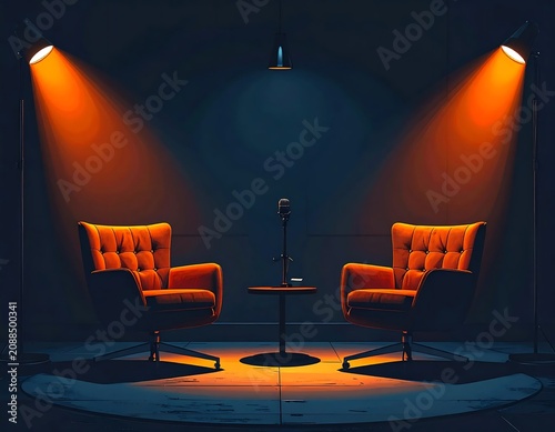 Dramatic Orange Armchairs Facing Microphone on Dark Studio Stage