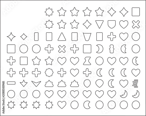 Minimal Outline Shape Icon Grid Sheet Featuring Geometric Symbols, Hearts, Stars, Circles and Moons.