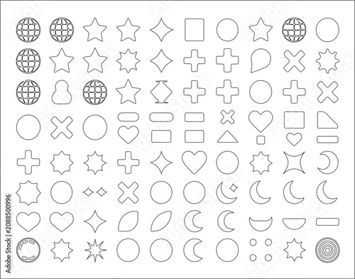 Minimal Outline Shape Icon Grid Sheet Featuring Geometric Symbols, Hearts, Stars, Circles and Moons.