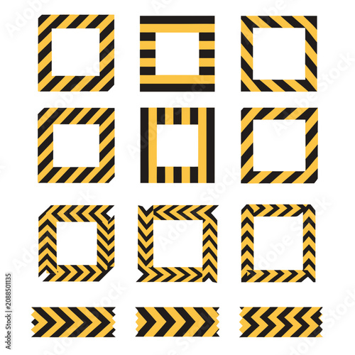 Set of caution and warning tapes forming square frames with black and yellow stripes and chevron patterns.