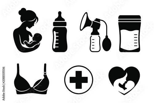 Breastfeeding and infant care icons set isolated on white