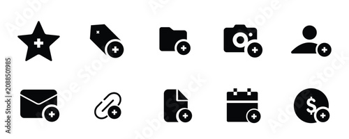 Add Action Icons Set – User, Folder, Camera, Email, Calendar and Payment Symbols for App, Web and UI Vector